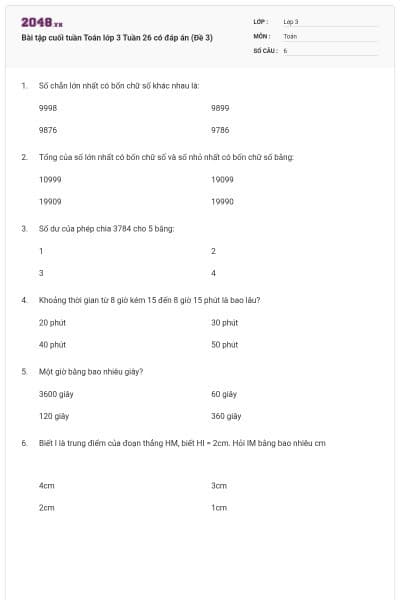 Bài tập cuối tuần Toán lớp 3 Tuần 26 có đáp án (Đề 3)