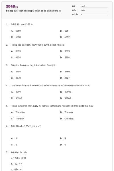 Bài tập cuối tuần Toán lớp 3 Tuần 26 có đáp án (Đề 1)