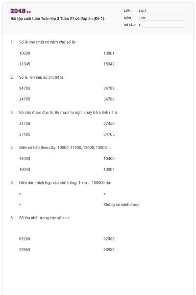 Bài tập cuối tuần Toán lớp 3 Tuần 27 có đáp án (Đề 1)