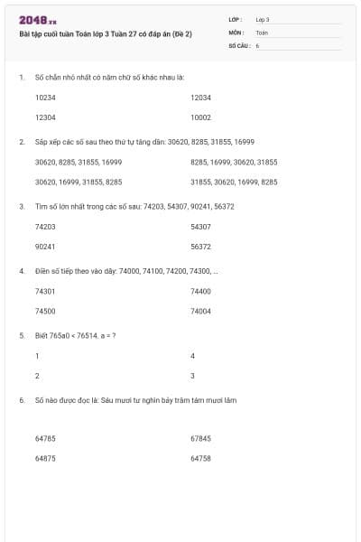 Bài tập cuối tuần Toán lớp 3 Tuần 27 có đáp án (Đề 2)