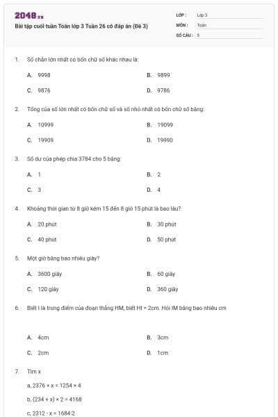 Bài tập cuối tuần Toán lớp 3 Tuần 26 có đáp án (Đề 3)
