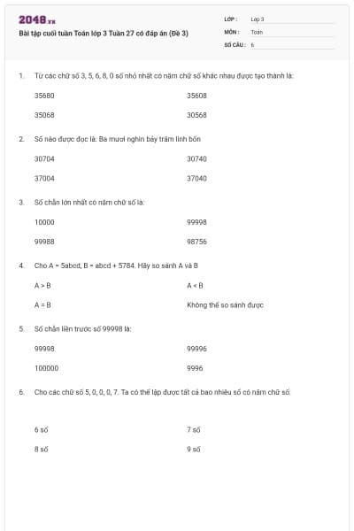 Bài tập cuối tuần Toán lớp 3 Tuần 27 có đáp án (Đề 3)