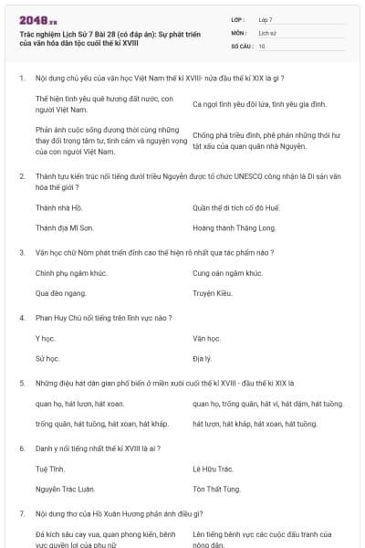 Trắc nghiệm Lịch Sử 7 Bài 28 (có đáp án): Sự phát triển của văn hóa dân tộc cuối thế kỉ XVIII