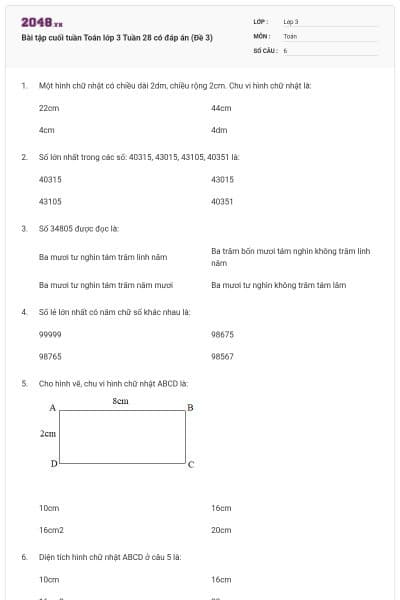 Bài tập cuối tuần Toán lớp 3 Tuần 28 có đáp án (Đề 3)