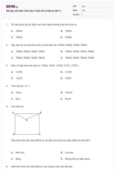 Bài tập cuối tuần Toán lớp 3 Tuần 28 có đáp án (Đề 1)
