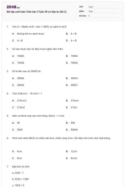 Bài tập cuối tuần Toán lớp 3 Tuần 28 có đáp án (Đề 2)