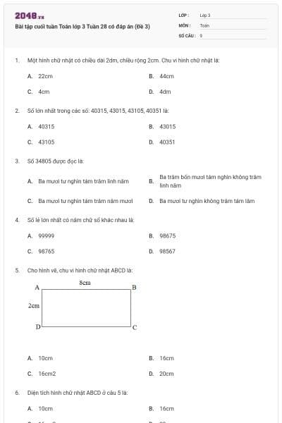 Bài tập cuối tuần Toán lớp 3 Tuần 28 có đáp án (Đề 3)