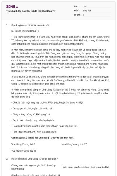 Thực hành tập đọc: Sự tích lễ hội Chử Đồng Tử