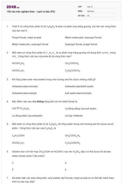 150 câu trắc nghiệm Este - Lipit cơ bản (P2)