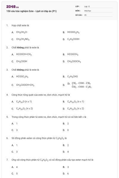150 câu trắc nghiệm Este - Lipit có đáp án (P1)
