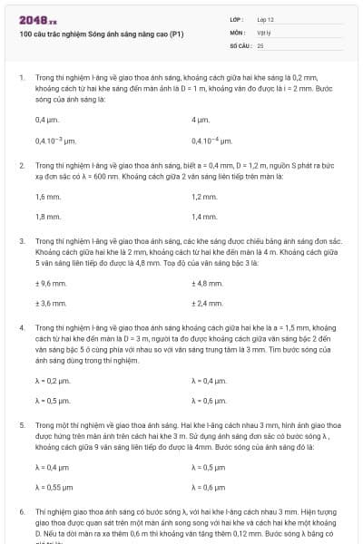 100 câu trắc nghiệm Sóng ánh sáng nâng cao (P1)