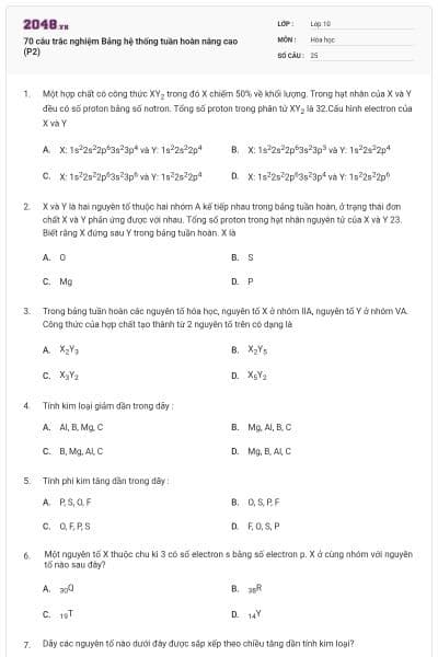 70 câu trắc nghiệm Bảng hệ thống tuần hoàn nâng cao (P2)