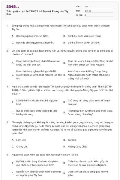 Trắc nghiệm Lịch Sử 7 Bài 25 (có đáp án): Phong trào Tây Sơn