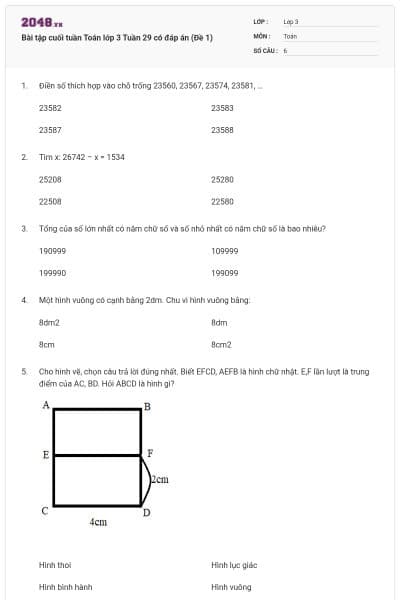 Bài tập cuối tuần Toán lớp 3 Tuần 29 có đáp án (Đề 1)