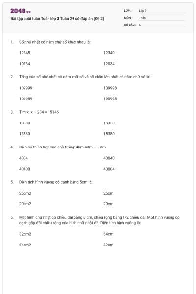 Bài tập cuối tuần Toán lớp 3 Tuần 29 có đáp án (Đề 2)