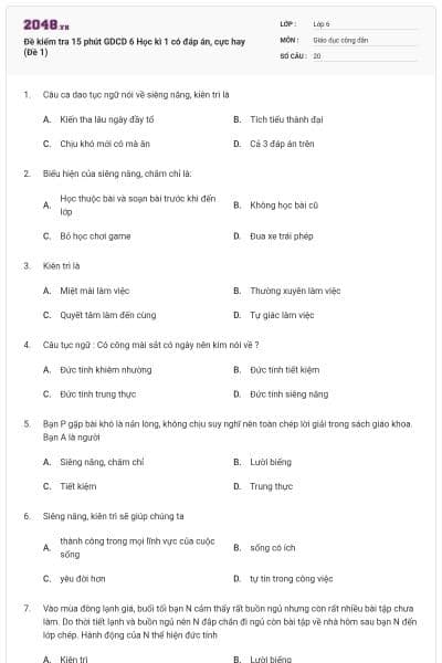 Đề kiểm tra 15 phút GDCD 6 Học kì 1 có đáp án, cực hay (Đề 1)