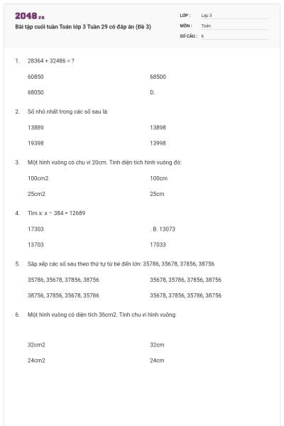 Bài tập cuối tuần Toán lớp 3 Tuần 29 có đáp án (Đề 3)