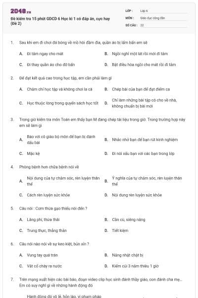 Đề kiểm tra 15 phút GDCD 6 Học kì 1 có đáp án, cực hay (Đề 2)