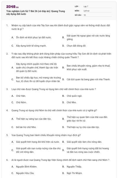Trắc nghiệm Lịch Sử 7 Bài 26 (có đáp án): Quang Trung xây dựng đất nước