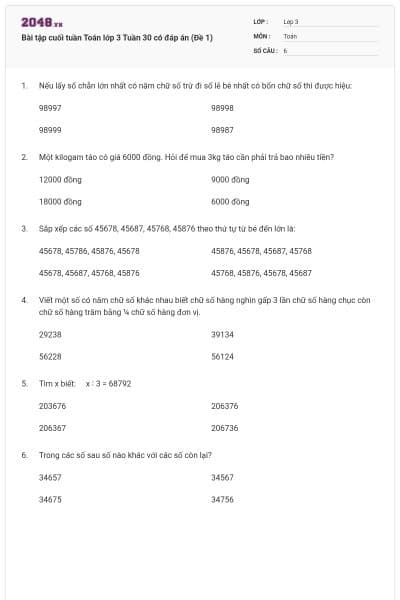 Bài tập cuối tuần Toán lớp 3 Tuần 30 có đáp án (Đề 1)