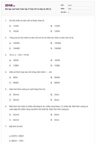 Bài tập cuối tuần Toán lớp 3 Tuần 29 có đáp án (Đề 2)