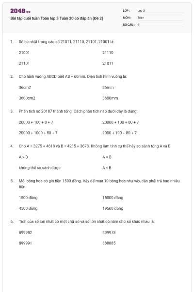 Bài tập cuối tuần Toán lớp 3 Tuần 30 có đáp án (Đề 2)