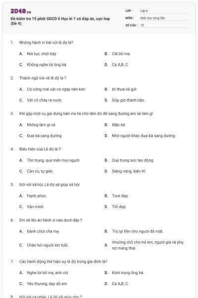 Đề kiểm tra 15 phút GDCD 6 Học kì 1 có đáp án, cực hay (Đề 4)