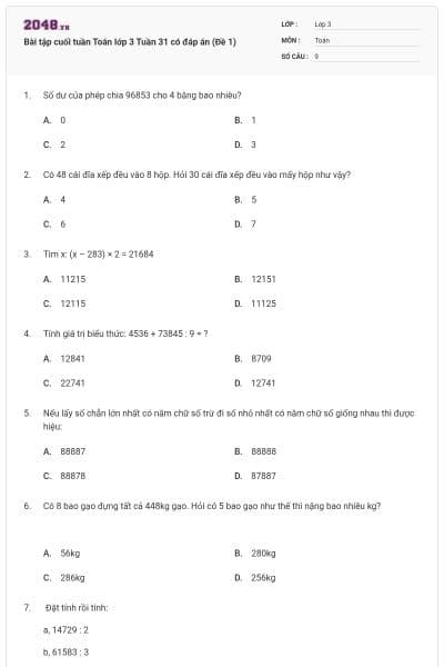 Bài tập cuối tuần Toán lớp 3 Tuần 31 có đáp án (Đề 1)