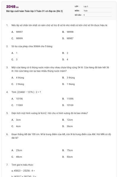 Bài tập cuối tuần Toán lớp 3 Tuần 31 có đáp án (Đề 2)