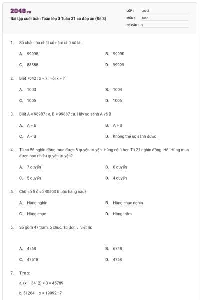 Bài tập cuối tuần Toán lớp 3 Tuần 31 có đáp án (Đề 3)