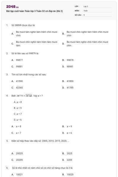 Bài tập cuối tuần Toán lớp 3 Tuần 32 có đáp án (Đề 2)