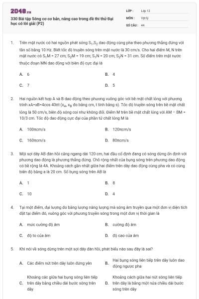 330 Bài tập Sóng cơ cơ bản, nâng cao trong đề thi thử Đại học có lời giải (P2)
