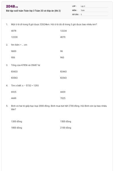 Bài tập cuối tuần Toán lớp 3 Tuần 33 có đáp án (Đề 2)