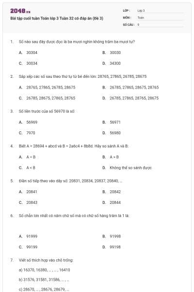 Bài tập cuối tuần Toán lớp 3 Tuần 32 có đáp án (Đề 3)
