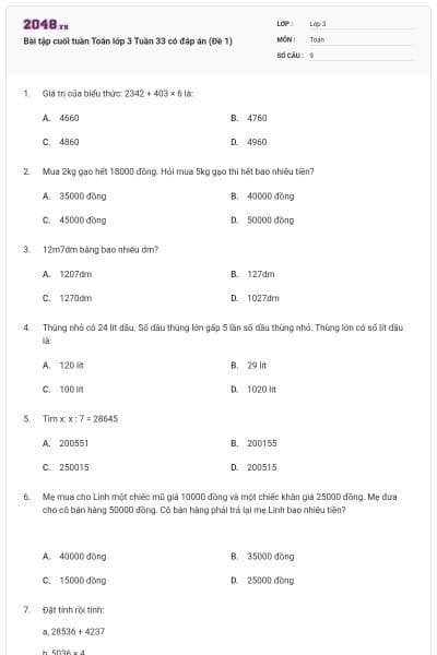 Bài tập cuối tuần Toán lớp 3 Tuần 33 có đáp án (Đề 1)