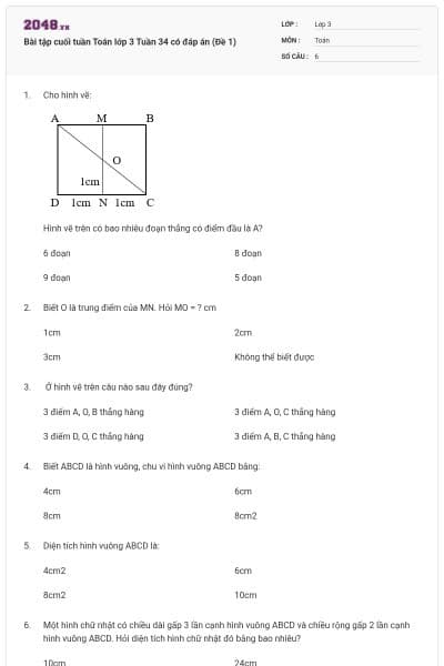 Bài tập cuối tuần Toán lớp 3 Tuần 34 có đáp án (Đề 1)