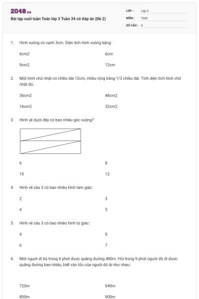 Bài tập cuối tuần Toán lớp 3 Tuần 34 có đáp án (Đề 2)
