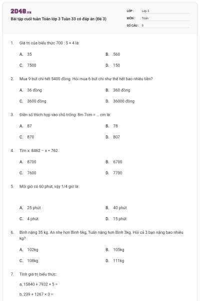 Bài tập cuối tuần Toán lớp 3 Tuần 33 có đáp án (Đề 3)