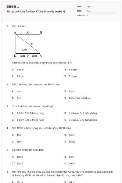 Bài tập cuối tuần Toán lớp 3 Tuần 34 có đáp án (Đề 1)