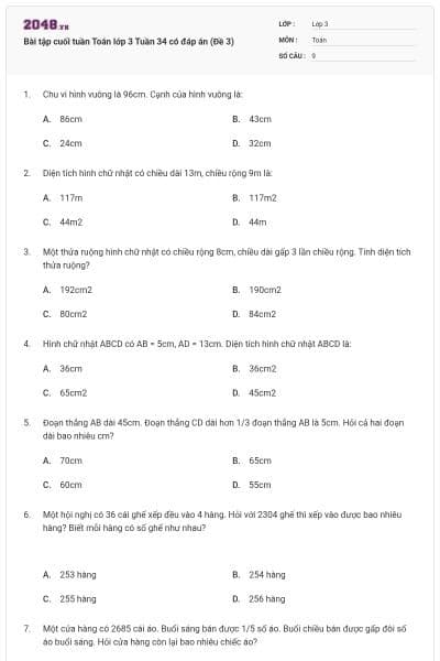 Bài tập cuối tuần Toán lớp 3 Tuần 34 có đáp án (Đề 3)