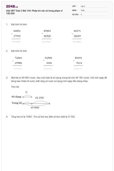 Giải VBT Toán 3 Bài 143: Phép trừ các số trong phạm vi 100 000