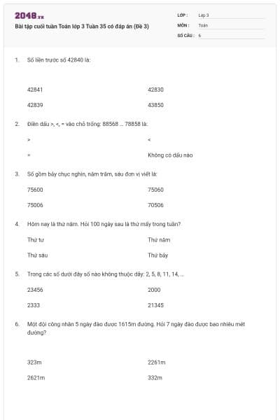 Bài tập cuối tuần Toán lớp 3 Tuần 35 có đáp án (Đề 3)