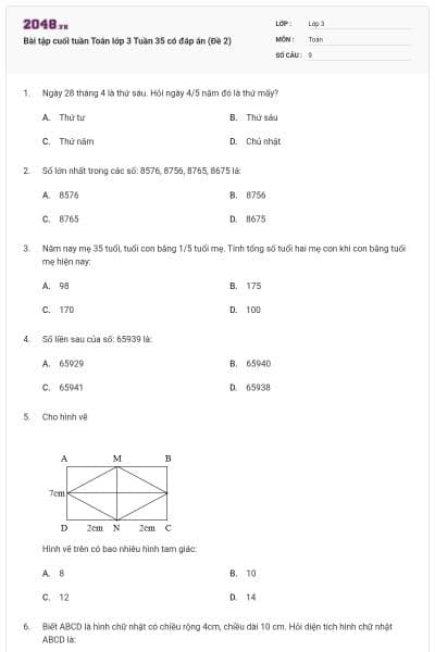 Bài tập cuối tuần Toán lớp 3 Tuần 35 có đáp án (Đề 2)
