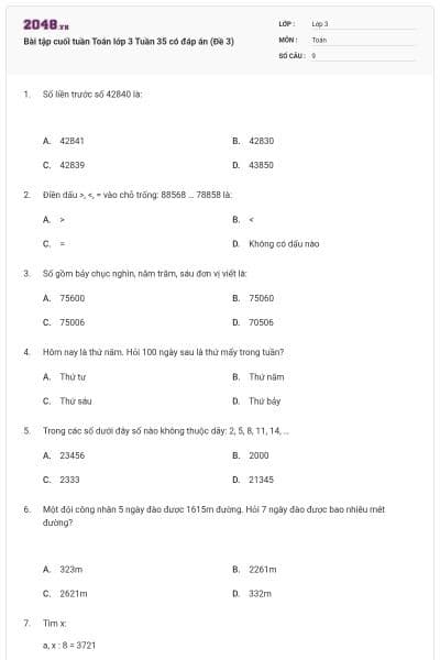 Bài tập cuối tuần Toán lớp 3 Tuần 35 có đáp án (Đề 3)