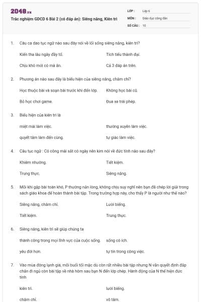 Trắc nghiệm GDCD 6 Bài 2 (có đáp án): Siêng năng, Kiên trì