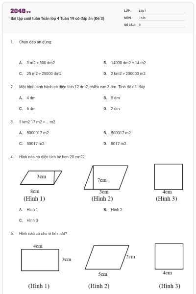 Bài tập cuối tuần Toán lớp 4 Tuần 19 có đáp án (Đề 3)