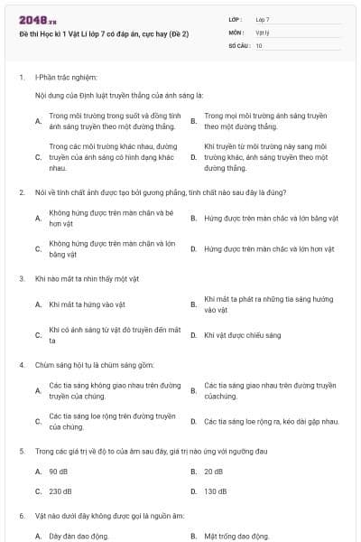 Đề thi Học kì 1 Vật Lí lớp 7 có đáp án, cực hay (Đề 2)
