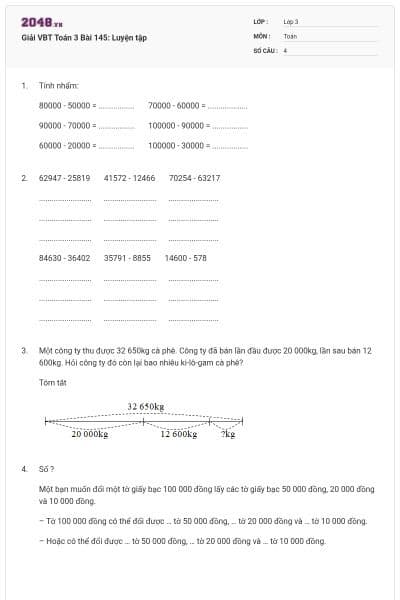Giải VBT Toán 3 Bài 145: Luyện tập