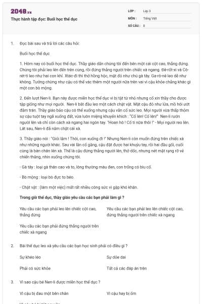 Thực hành tập đọc: Buổi học thể dục