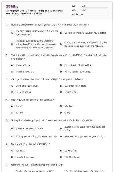 Trắc nghiệm Lịch Sử 7 Bài 28 (có đáp án): Sự phát triển của văn hóa dân tộc cuối thế kỉ XVIII